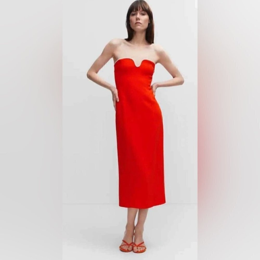 Mango, Ladies Metallic dress with neckline detail - Red. Size: 8. NWT.